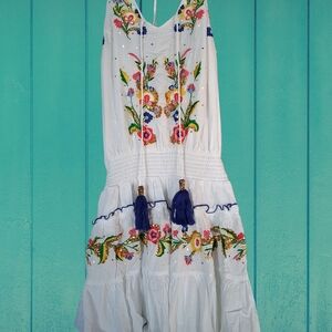 White Dress with Colorful Floral Embroidery